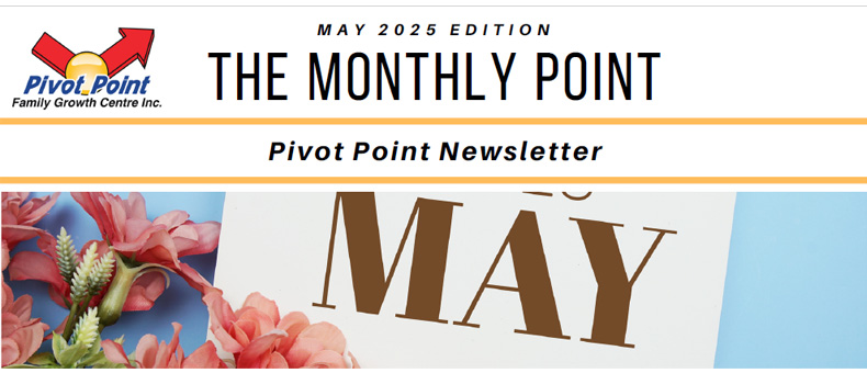 Pivot Point May 2025 Newsletter Heading showing flowers in a vase on a blue background with the words May on it